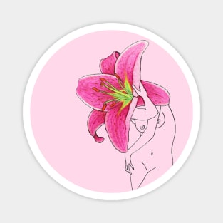 Hot pink lily flower head girl on soft pink background · Flower Woman Lilium, conceptual art Magnet